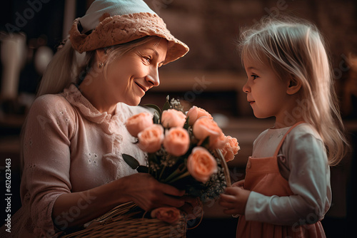 Girl gives a bouquet of flowers to her grandmother