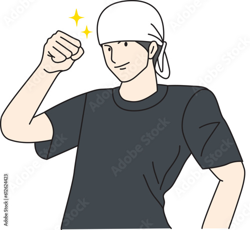 Illustration of a man wrapped in a towel doing a fist pump.