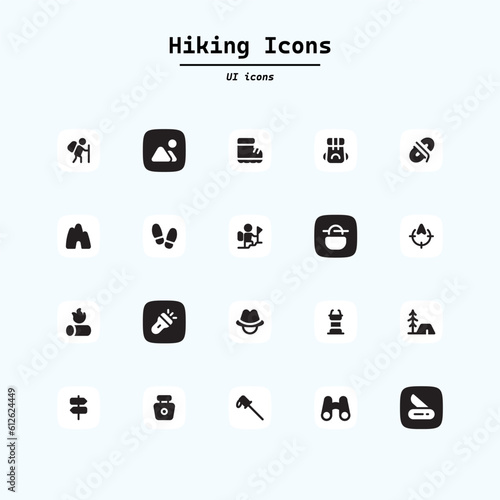 summer camping outline vector icons set isolated on white background. camping outline flat icons for web and ui design. summer camping recreation concept. Collection ui icons with squircle shape. Web 