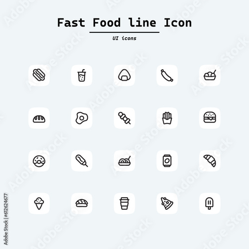 Food courts icons set. Outline set of food courts vector icons for web design isolated on white background. Collection ui icons with squircle shape. Web Page, Mobile App, UI, UX design.
