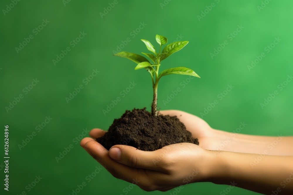 Hand holding plant seedling with soil on green background, concept of nature and environment preservation, Generative AI Hand holding plant seedling with soil on green background, concept of nature and environment preservation, Generative AI