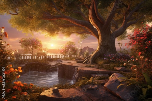 Fotografie, Obraz Garden of Eden with Tree of Life, garden at sunset, Generative AI