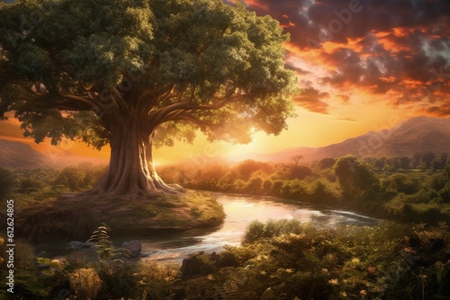 Tela Garden of Eden with Tree of Life, garden at sunset, Generative AI