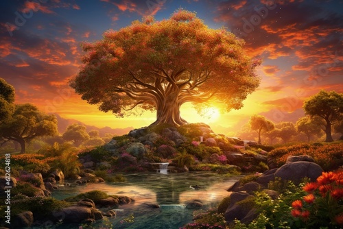 Fotobehang Garden of Eden with Tree of Life, garden at sunset, Generative AI