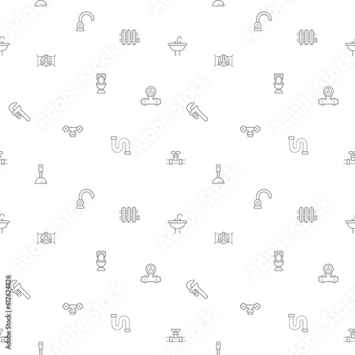 Seamless pattern with plumbing icon on white background. Included the icons as traps, drains, taps, hand tools, vise, pipe, connector, valve and design elements