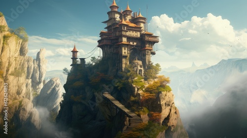 Castle on top of stone mountain in fantasy world  medieval fortress on top of a cliff  Generative AI