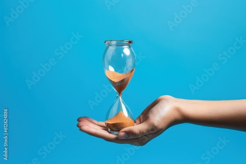 Hand holding an hourglass on blue background  Generative AI