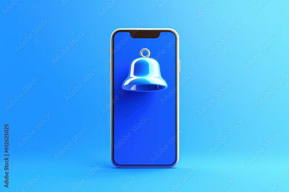 Mobile phone with bell icon on screen isolated on blue background, Generative AI Mobile phone with bell icon on screen isolated on blue background, Generative AI