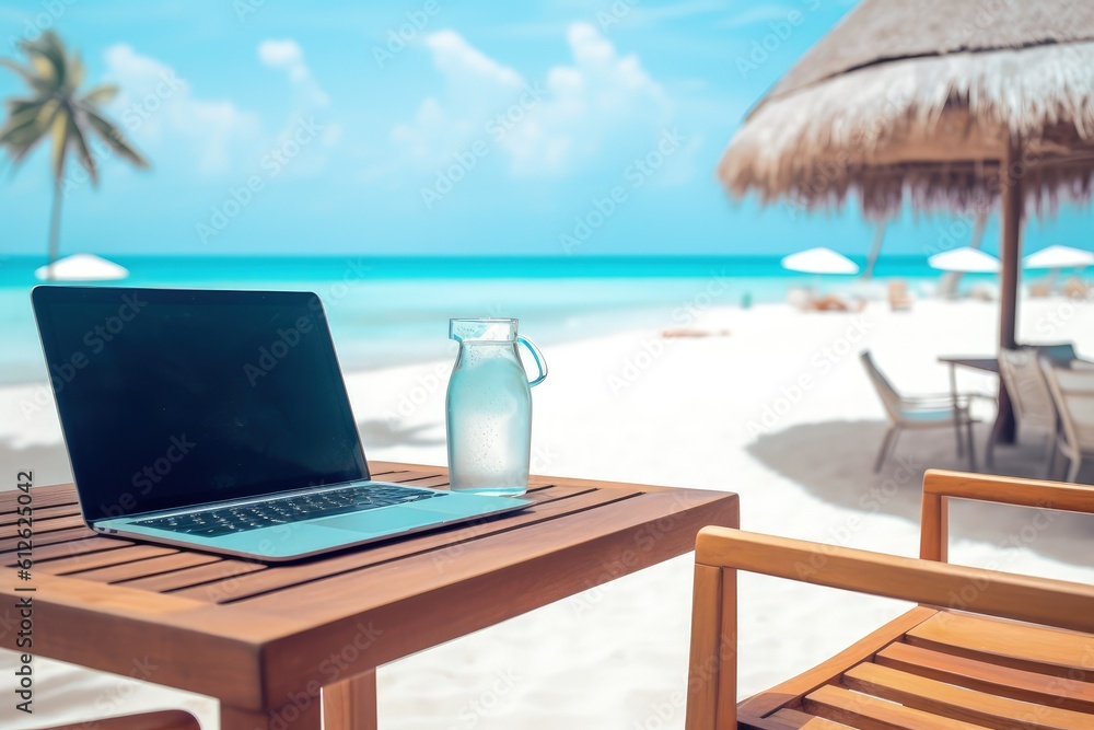 Laptop on top of table on tropical island beach, financial and geographical freedom concept, Generative AI Laptop on top of table on tropical island beach, financial and geographical freedom concept, Generative AI