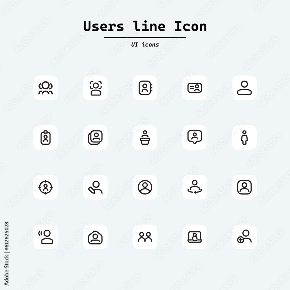 Simple set of user related vector line icons. Contains icons such as man, woman, profile, personal quality and many other good icons. Collection ui icons with squircle shape. Web Page, Mobile App, UI, Simple set of user related vector line icons. Contains icons such as man, woman, profile, personal quality and many other good icons. Collection ui icons with squircle shape. Web Page, Mobile App, UI,