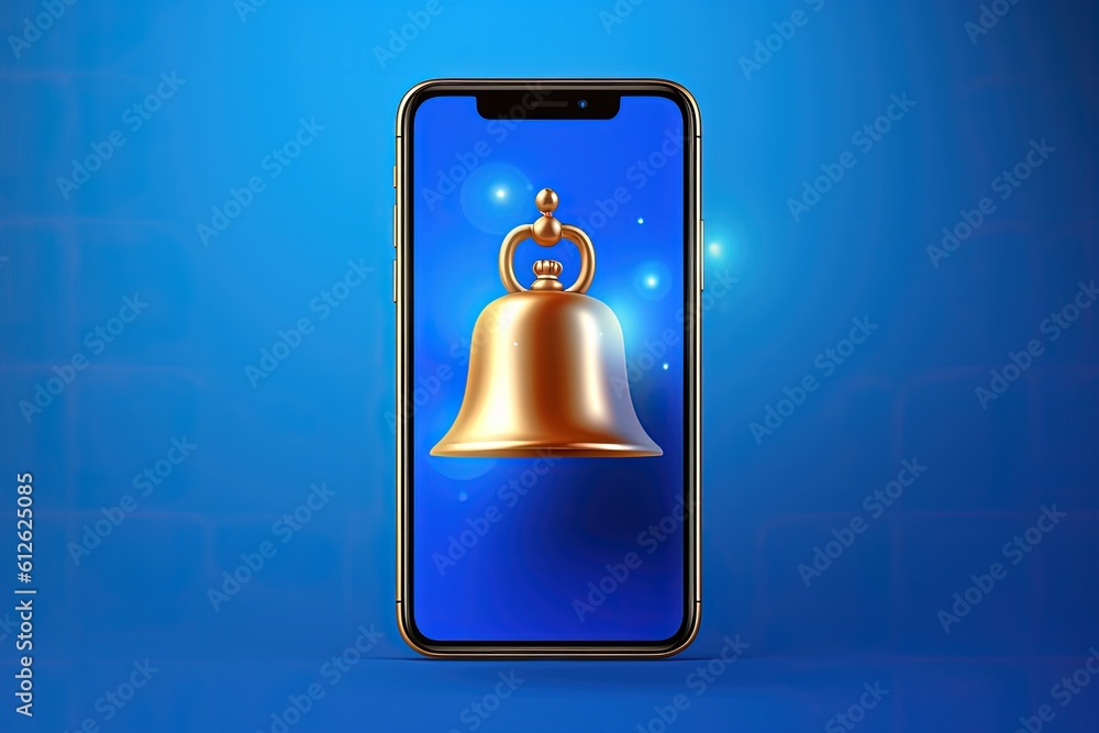 Mobile phone with golden bell icon on screen on blue background, Generative AI Mobile phone with golden bell icon on screen on blue background, Generative AI