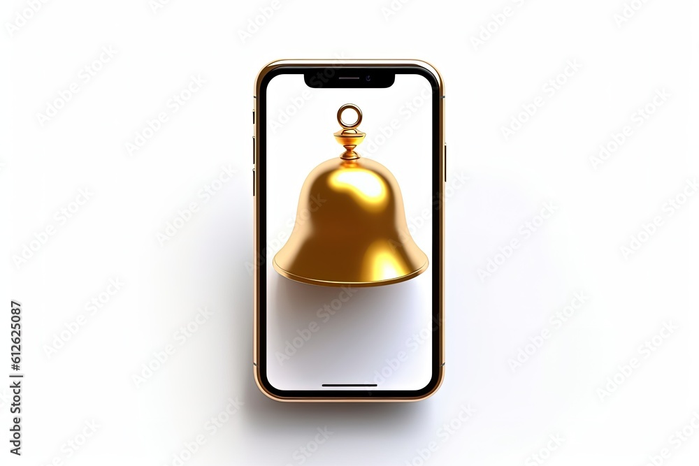 Mobile phone with golden bell icon on screen on white background, Generative AI Mobile phone with golden bell icon on screen on white background, Generative AI