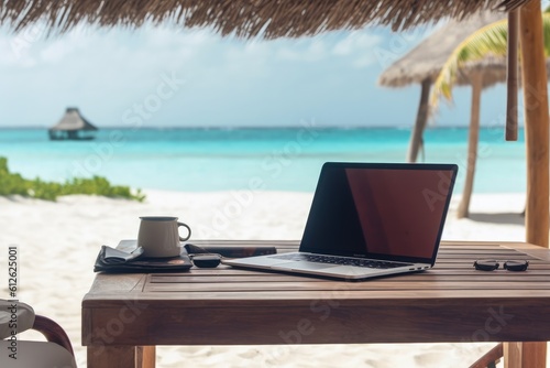Laptop on top of table on tropical island beach, financial and geographical freedom concept, Generative AI
