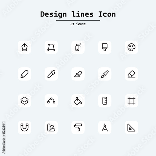 Art, drawing and web and graphic design icons set. Line Style stock vector. Collection ui icons with squircle shape. Web Page, Mobile App, UI, UX design.