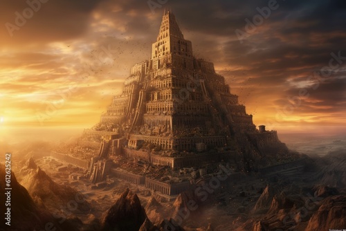 Construction of the Tower of Babel from the biblical story, Generative AI