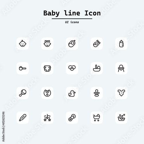 Baby care vector icons set isolated on white background flat vector illustration. Collection ui icons with squircle shape. Web Page, Mobile App, UI, UX design.