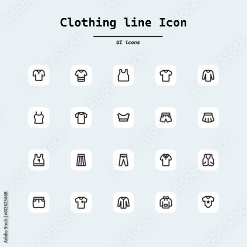 Simple Set of sewing and taylor clothing Related lineal style Vector icon. diffrent type of cloths male and female. collection ui icons with squircle shape. Web Page, Mobile App, UI, UX design.