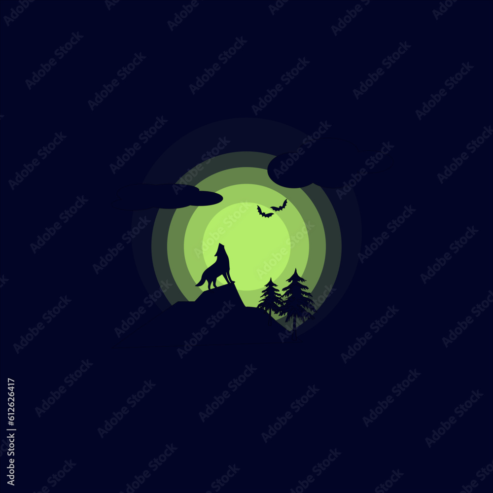 Vector illustration of a wolf at night