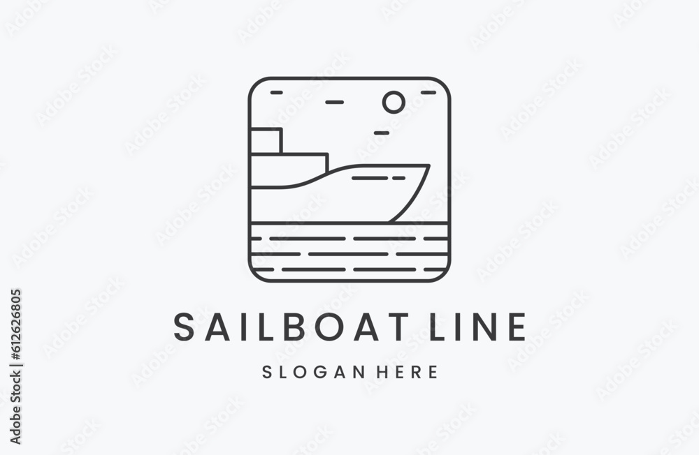 Simple Sailboat ship on Sea Ocean Wave with line art style Simple Sailboat ship on Sea Ocean Wave with line art style