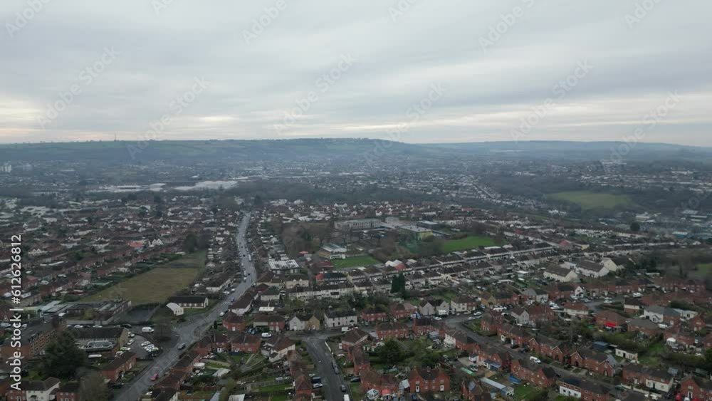 Drone shot of Bristol cityscape on a gloomy day, cloudy sky background Drone shot of Bristol cityscape on a gloomy day, cloudy sky background