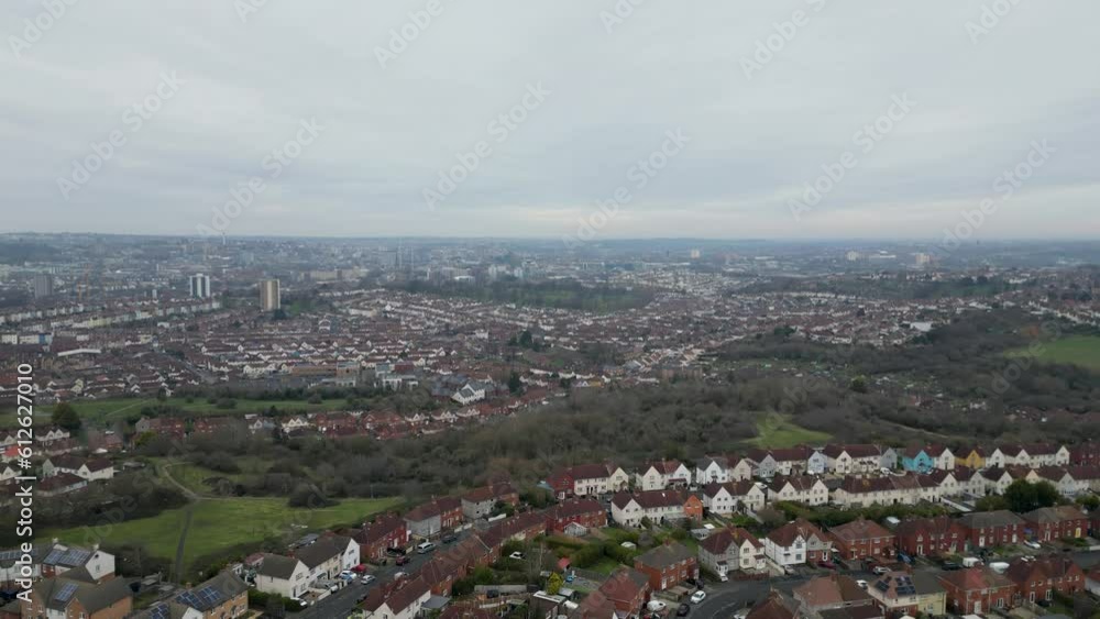 Drone shot of Bristol cityscape on a gloomy day, cloudy sky background Drone shot of Bristol cityscape on a gloomy day, cloudy sky background