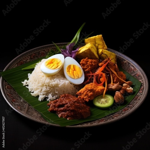 nasi lemak - coconut fragrant rice with chicken and achovies