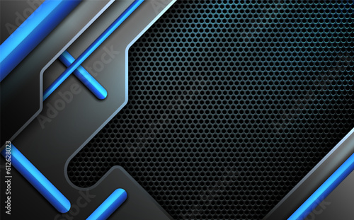 Blue and black metal mesh game banner, abstract technology background