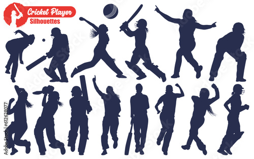 Female Cricket Player Betting and Bowling Silhouettes Vector