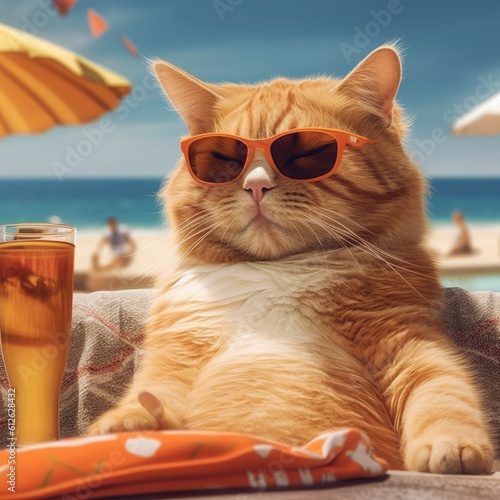 an orange cat laying down with a drink and sunglasses on the beach Generative Ai