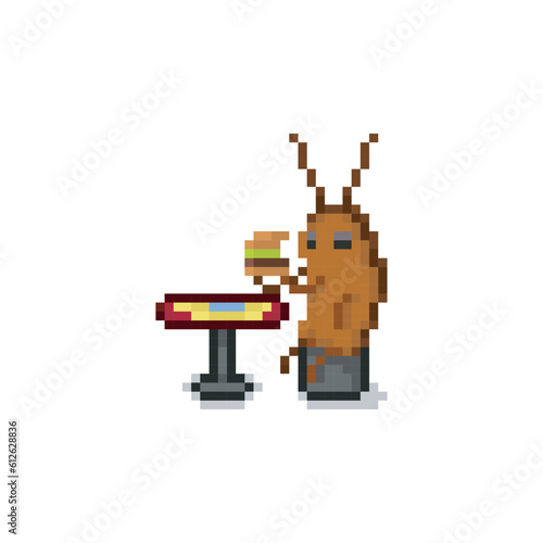 Cockroach cartoon eating burger, pixel art meme