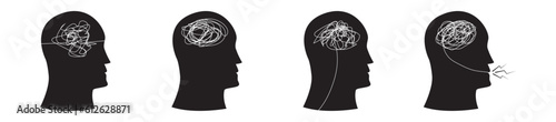 head silhouette with messy hand drawing line illustration of mental illness, emotion, headache, and depression