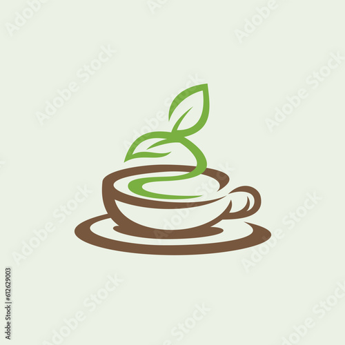 tea cup with leaves flowing upwards logo