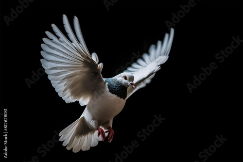 a dove flying on a black background