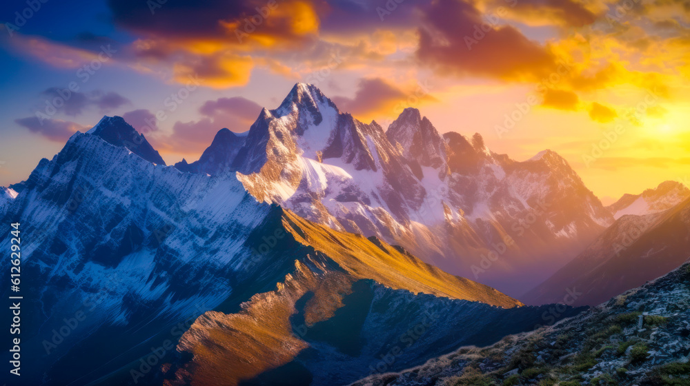 A scenic sunset over the Swiss Alps, with peak and autumn foliage Ai Generative