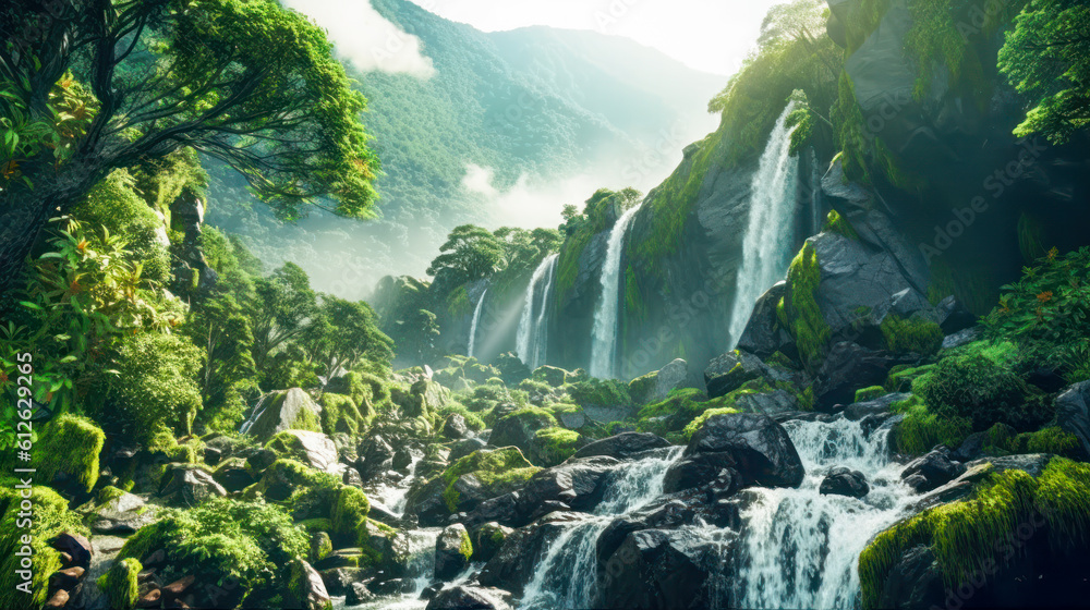 A spectacular waterfall drops into a basin, forming a rainbow with the mist. A marvel of nature in the lush jungle Ai Generative