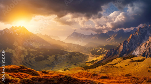 A breathtaking sunrise over with a cloudy sky and a vibrant orange horizon. A mountain landscape Ai Generative