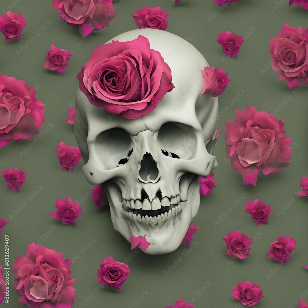 Skull with roses on its head isolated on a grey background Skull with roses on its head isolated on a grey background