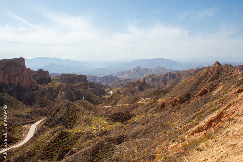 Binggou Danxia close to Zhangye Danxia national geological park. Landscape of China with Danxia landforms at early morning