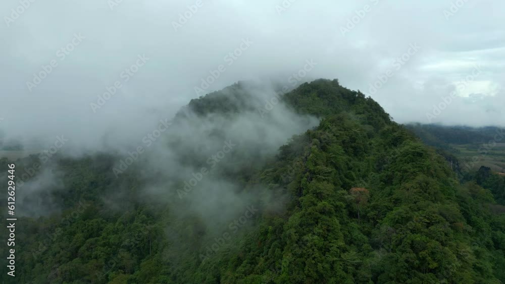 Aerial shot of green mountains covered with trees and fog, cloudy sky background Aerial shot of green mountains covered with trees and fog, cloudy sky background