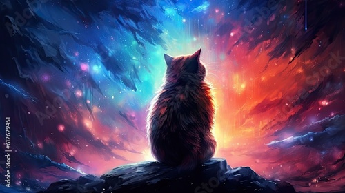 a cat is looking at the galaxy, in the style of vibrant fantasy landscapes Generative Ai