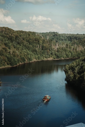 Arial view of riverboat near wooded area, sunlit landscape