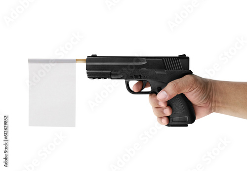 Foto Hand holding gun with paper flag on, transparent background
