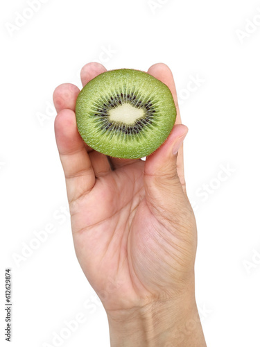 Hand holds sliced half of kiwi fruit, transparent background
