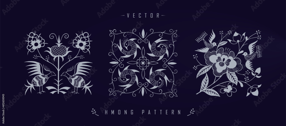 Panoramic illustration of Hmong patterns with different flowers on a dark blue background