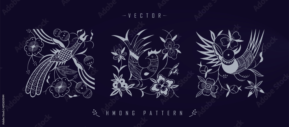 Panoramic illustration of Hmong patterns with different birds on a dark blue background Panoramic illustration of Hmong patterns with different birds on a dark blue background