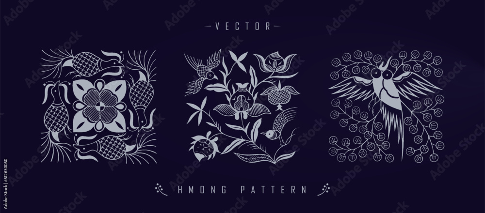 Vector illustration set of three white Chinese Hmong patterns with floral and wildlife elements Vector illustration set of three white Chinese Hmong patterns with floral and wildlife elements