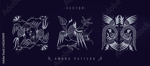Vector illustration set of three white Chinese Hmong patterns with floral and wildlife elements