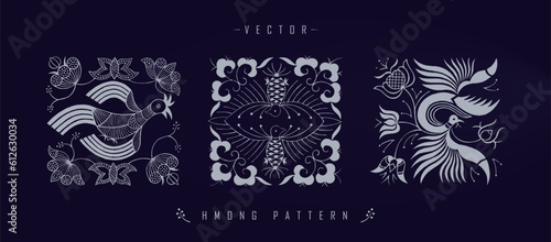 Panoramic illustration of Hmong patterns with images of phoenixes and ornaments on a blue background