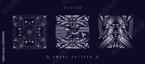 Vector illustration set of three white Chinese Hmong patterns with floral and wildlife elements
