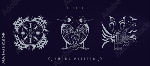 Vector illustration set of three white Chinese Hmong patterns with floral and wildlife elements